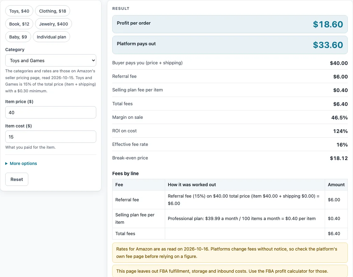Amazon referral fee calculator example