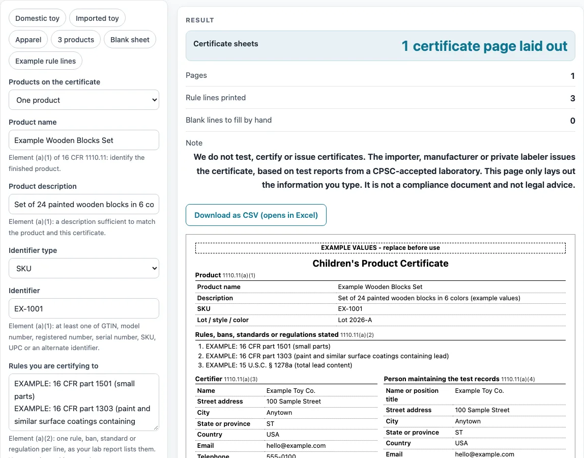 Children's product certificate example