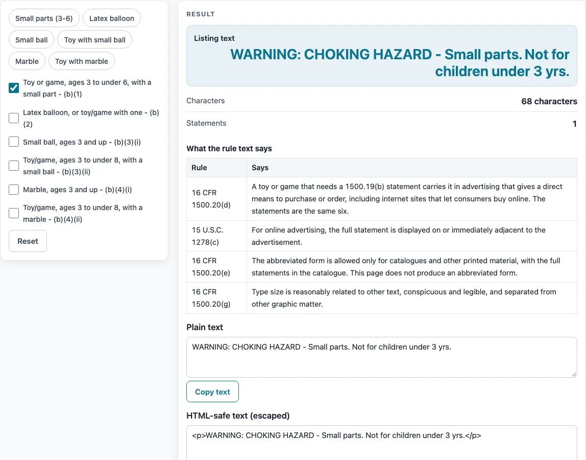Choking hazard warning for online listings example
