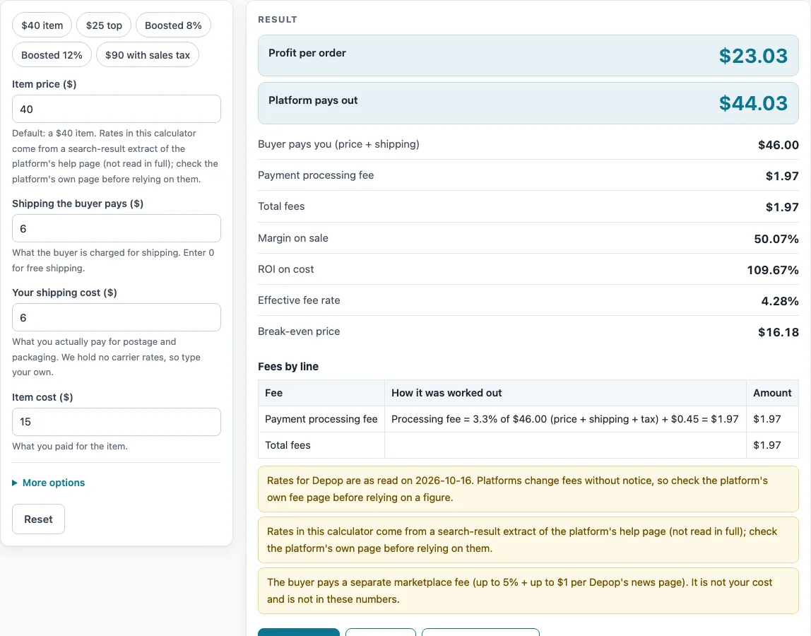 Depop fee calculator example