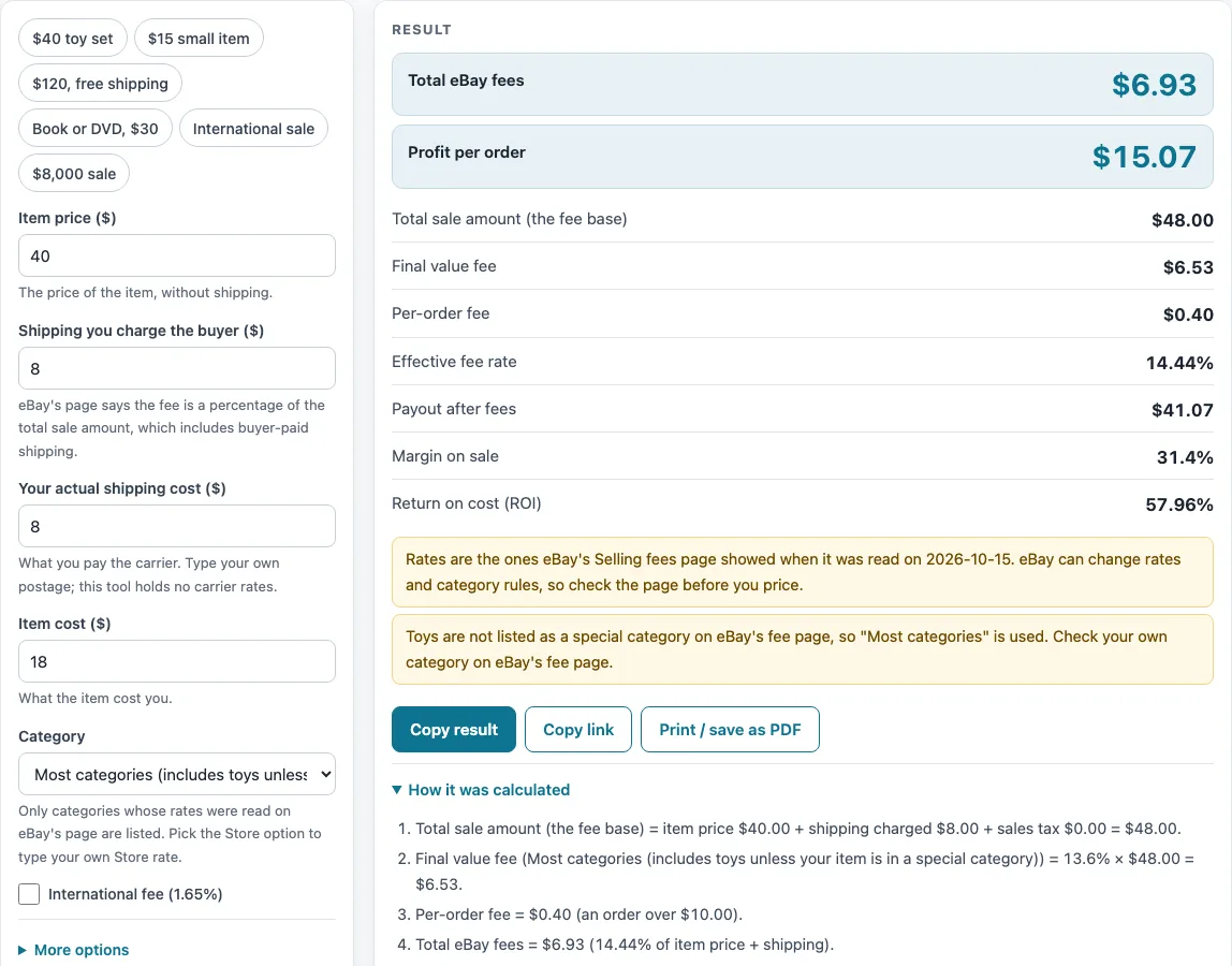 Ebay fee calculator example