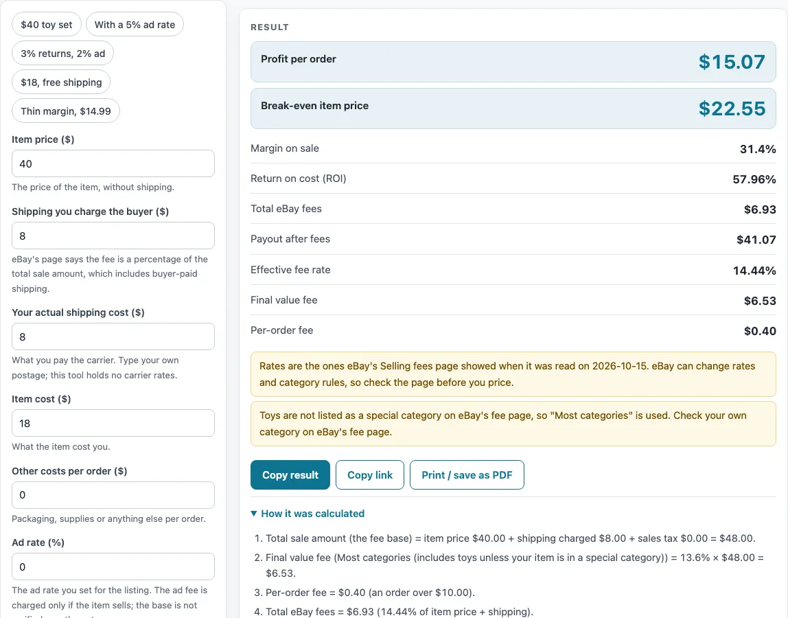 Ebay profit calculator example