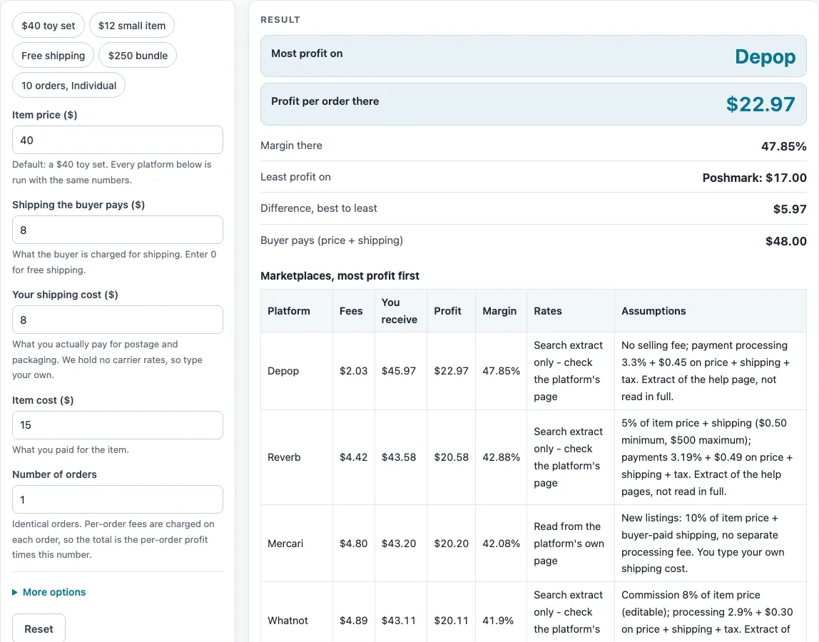 Marketplace fee calculator example