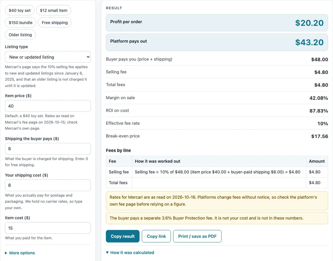Mercari fee calculator example