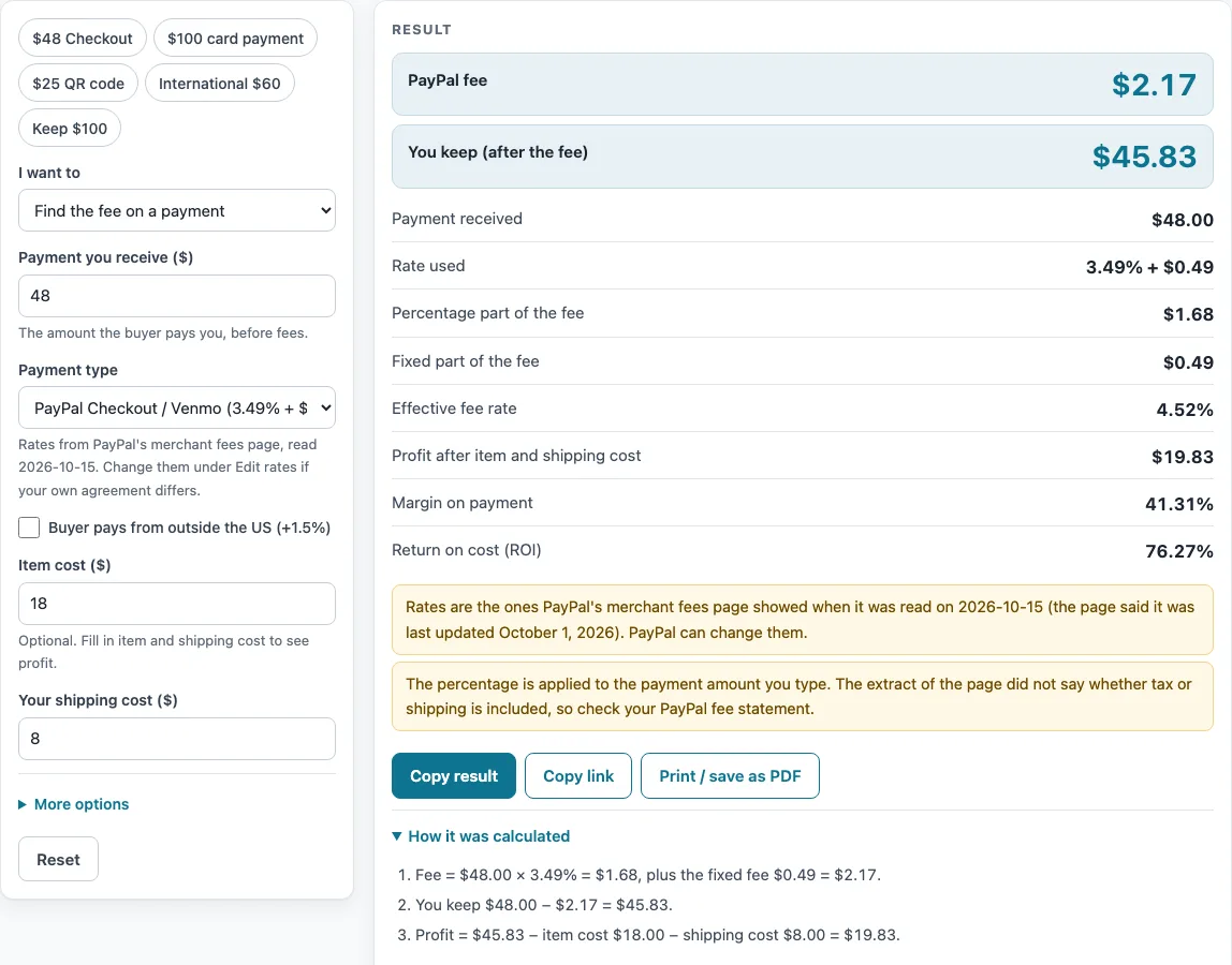 Paypal fee calculator example