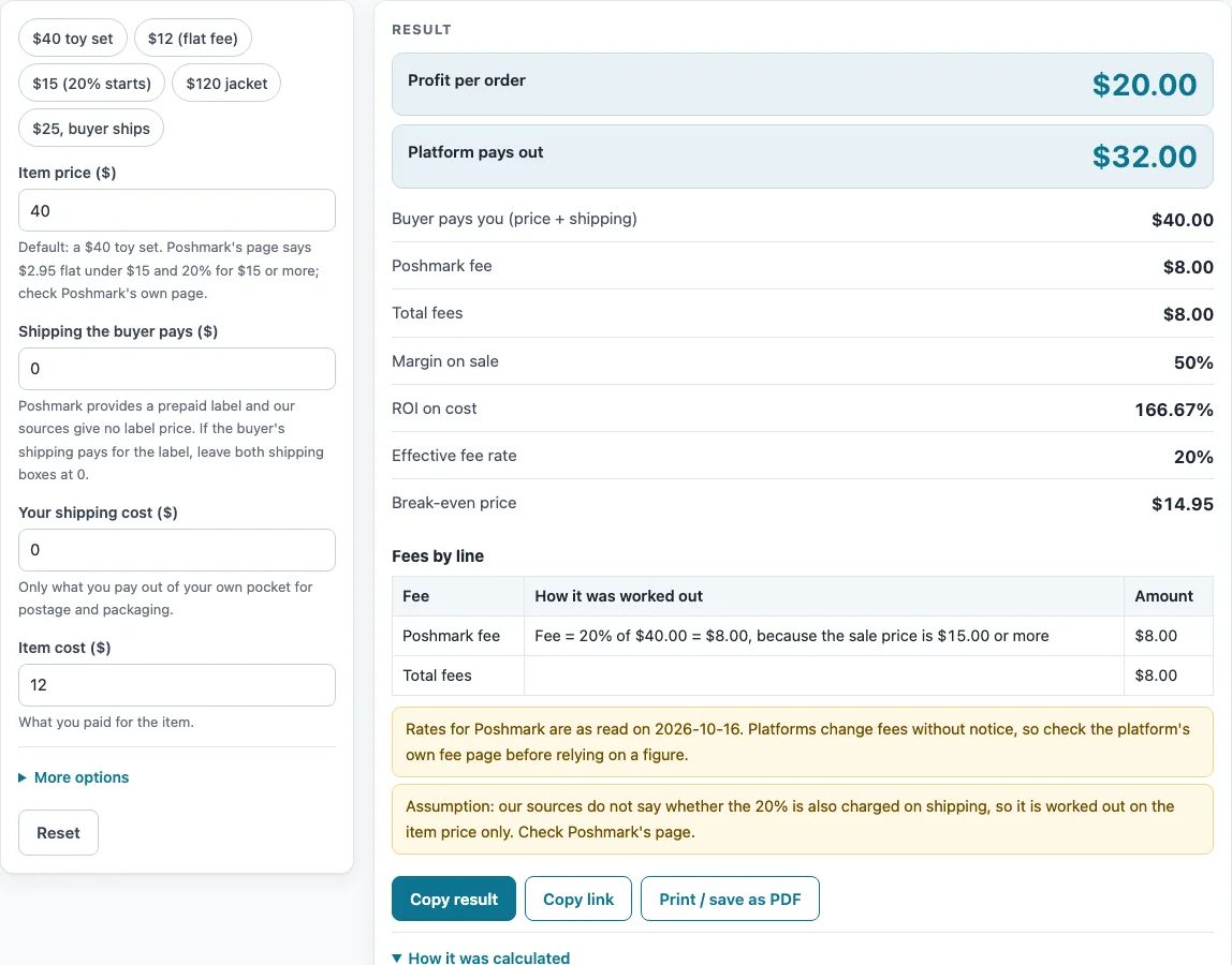 Poshmark fee calculator example