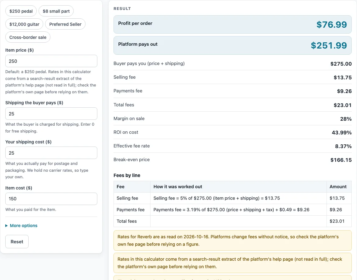 Reverb fee calculator example