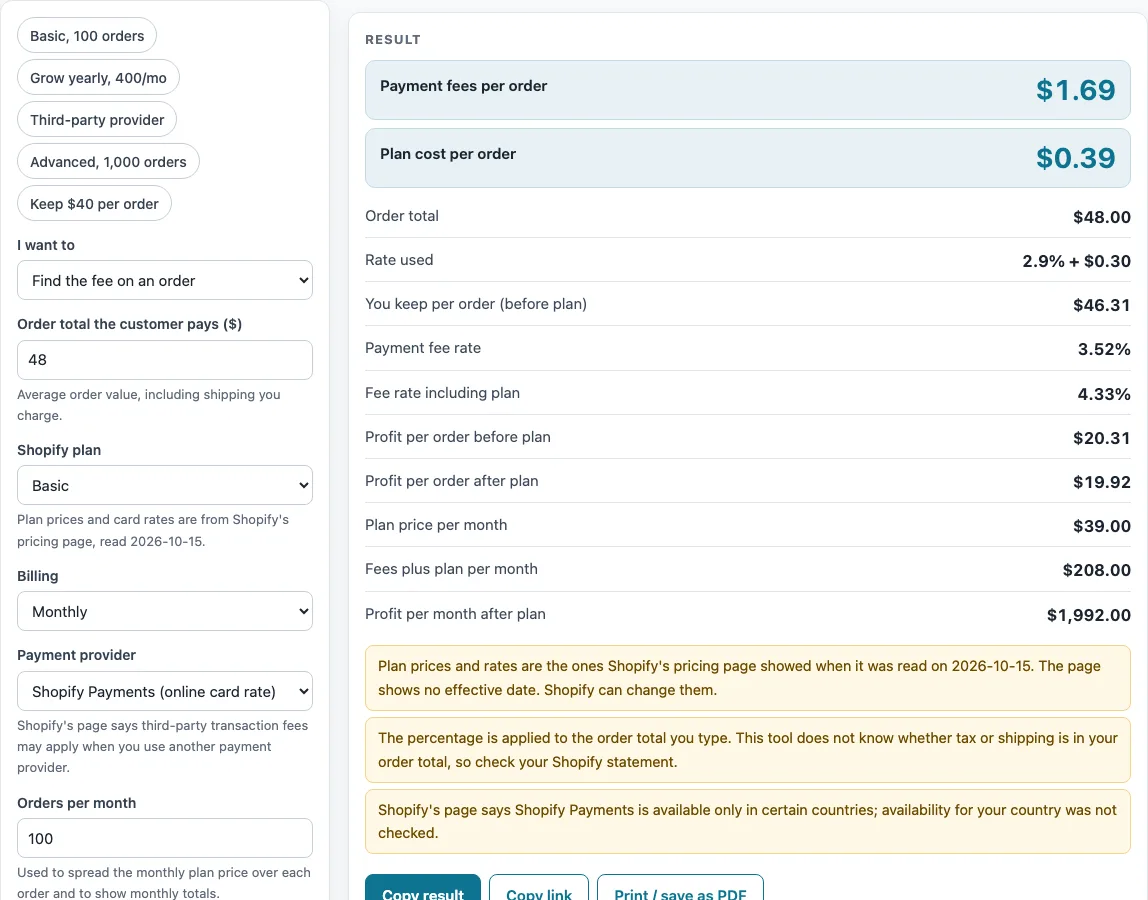 Shopify fee calculator example