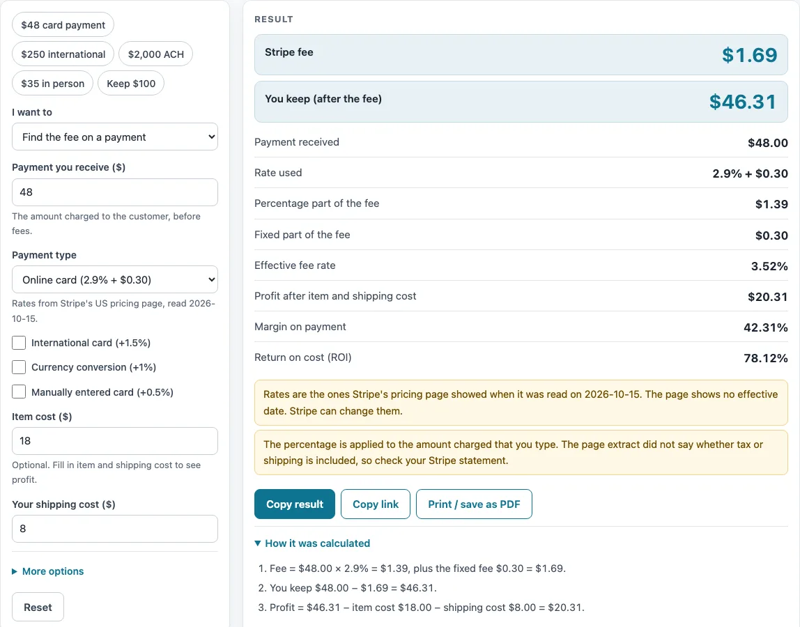 Stripe fee calculator example