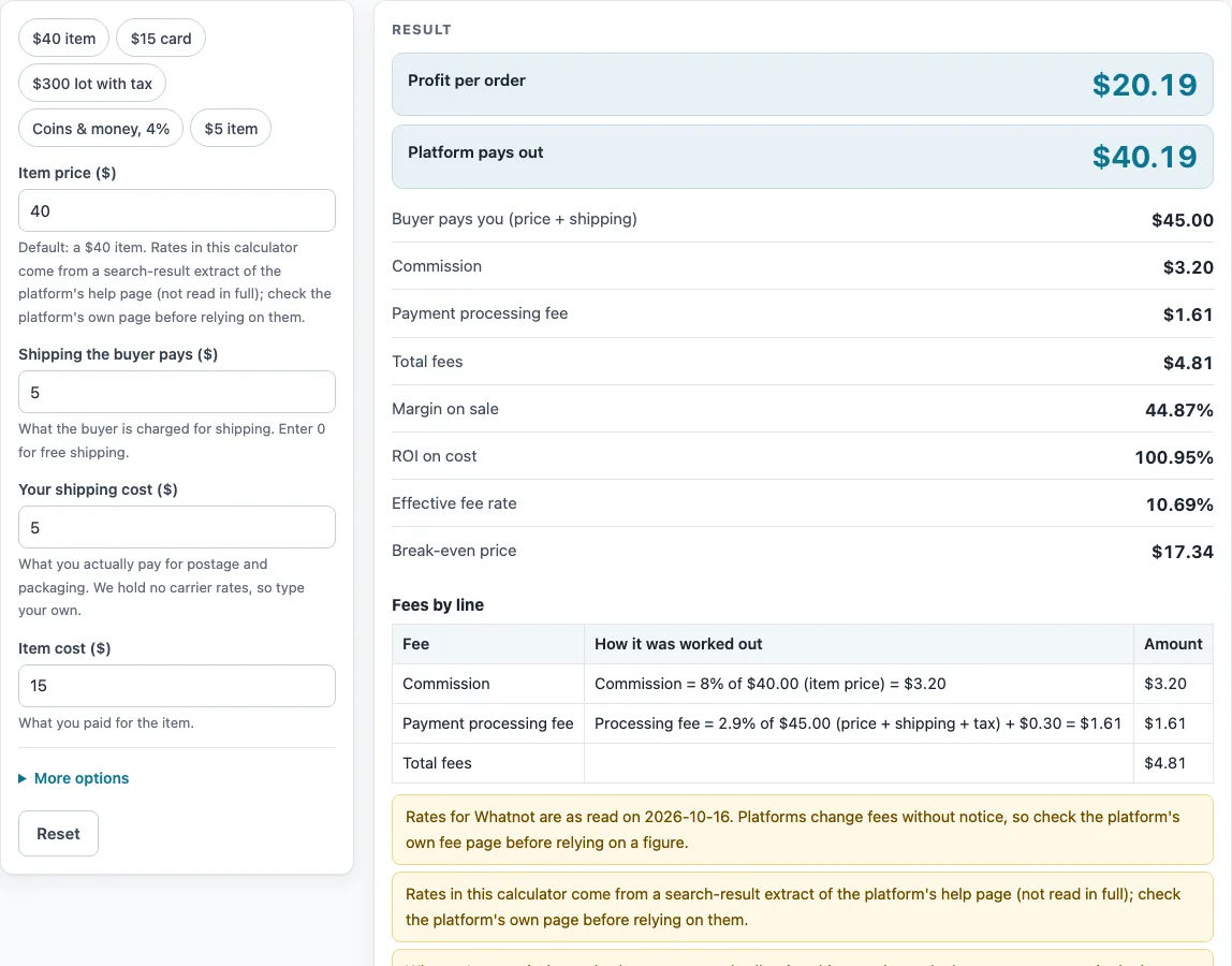 Whatnot fee calculator example